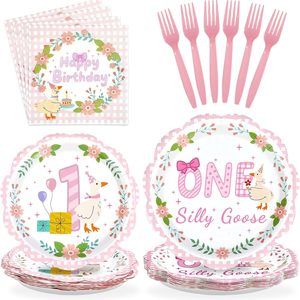 Ashenby 96Pcs One Pink Goose Birthday Party Decorations, Serves 24, 0.83 kg