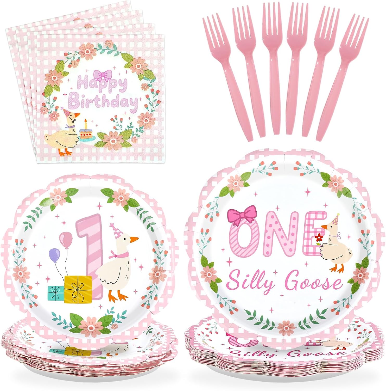 Ashenby 96Pcs One Pink Goose Birthday Party Decorations, Serves 24, 0.83 kg