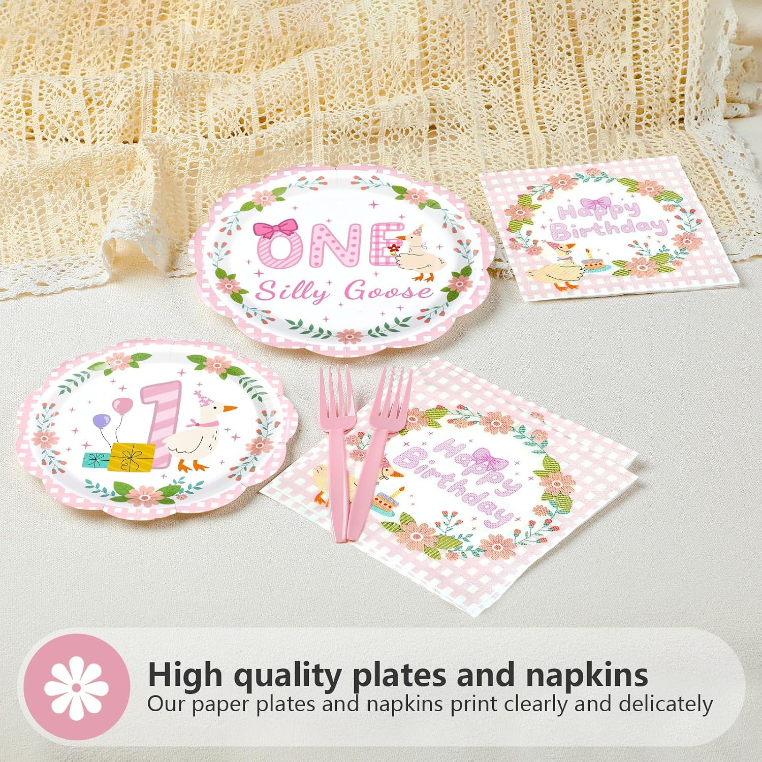 Ashenby 96Pcs One Pink Goose Birthday Party Decorations, Serves 24, 0.83 kg