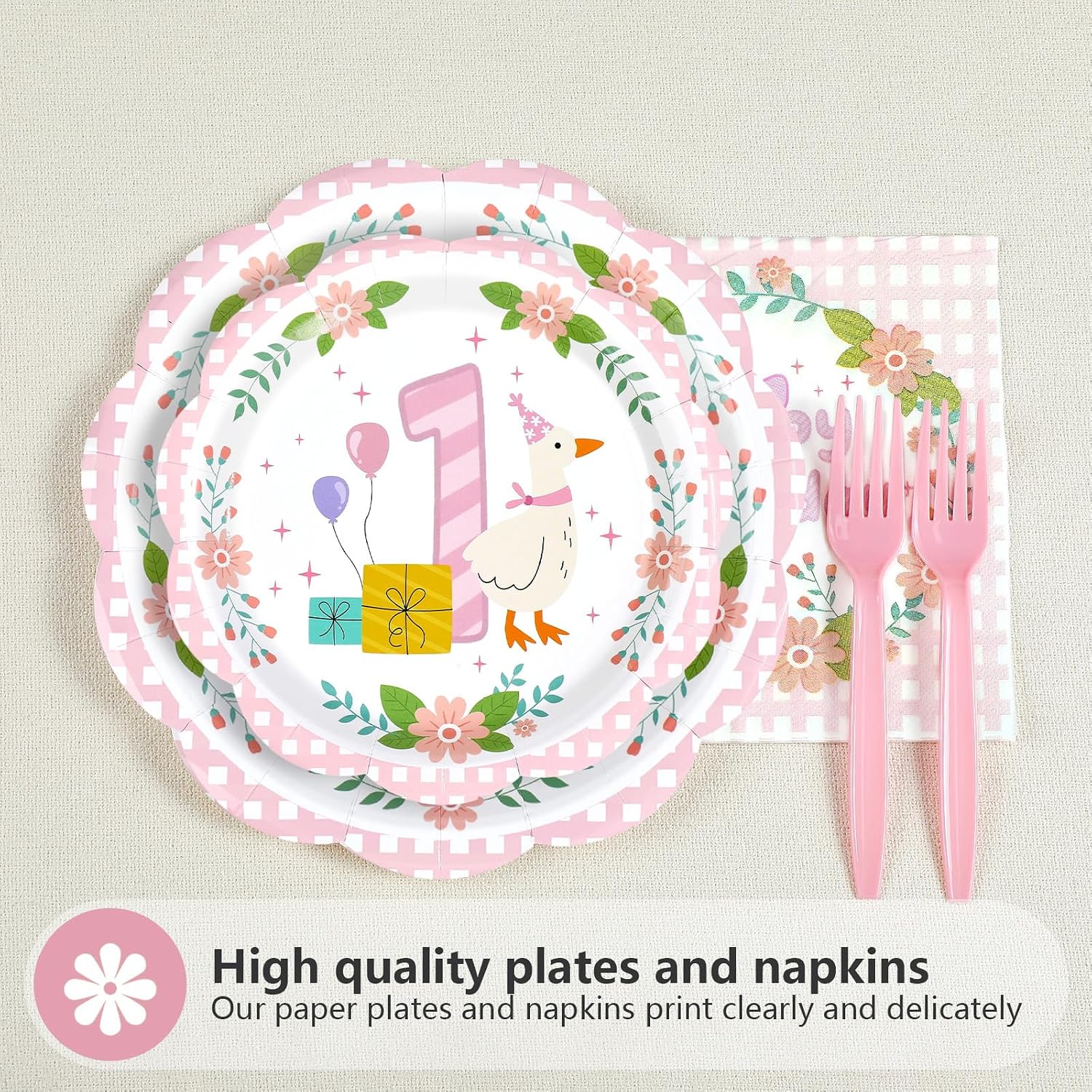 Ashenby 96Pcs One Pink Goose Birthday Party Decorations, Serves 24, 0.83 kg