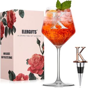 Aldernest Personalized Gifts for Women – Monogrammed A-Z Wine Glass with Wine Stopper, Red wine glasses