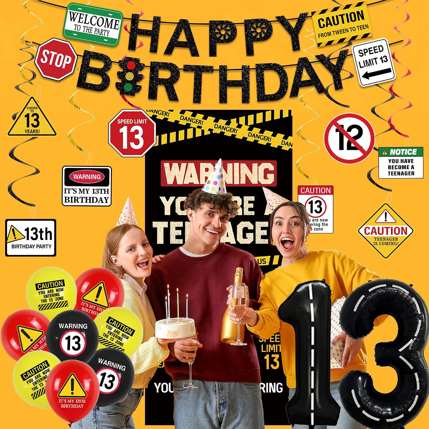 Aldernest 13th Birthday Decorations Boys Girls, Caution UR A Teenager Banner, 35