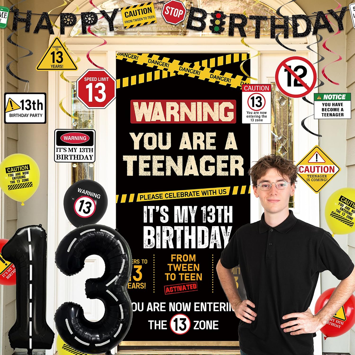 Aldernest 13th Birthday Decorations Boys Girls, Caution UR A Teenager Banner, 35