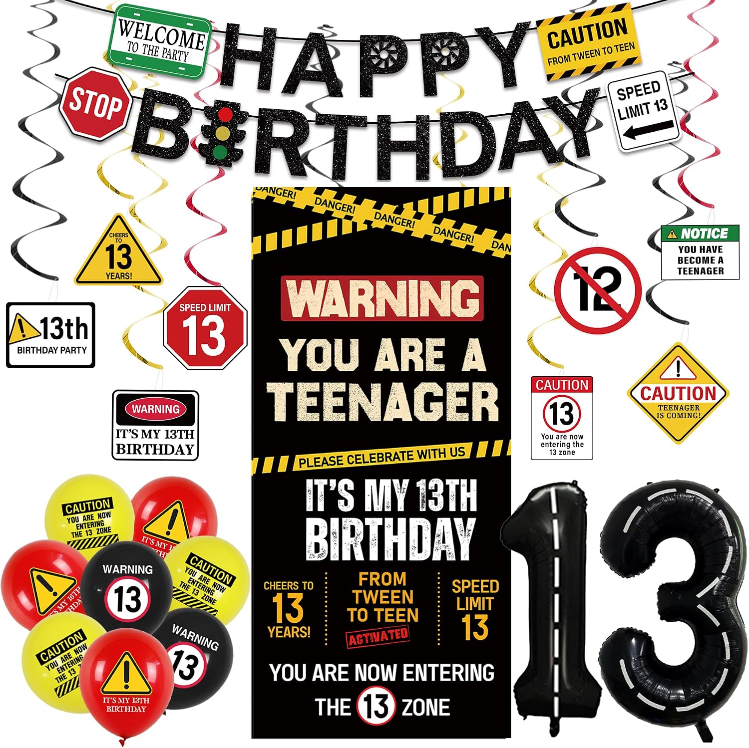 Aldernest 13th Birthday Decorations Boys Girls, Caution UR A Teenager Banner, 35