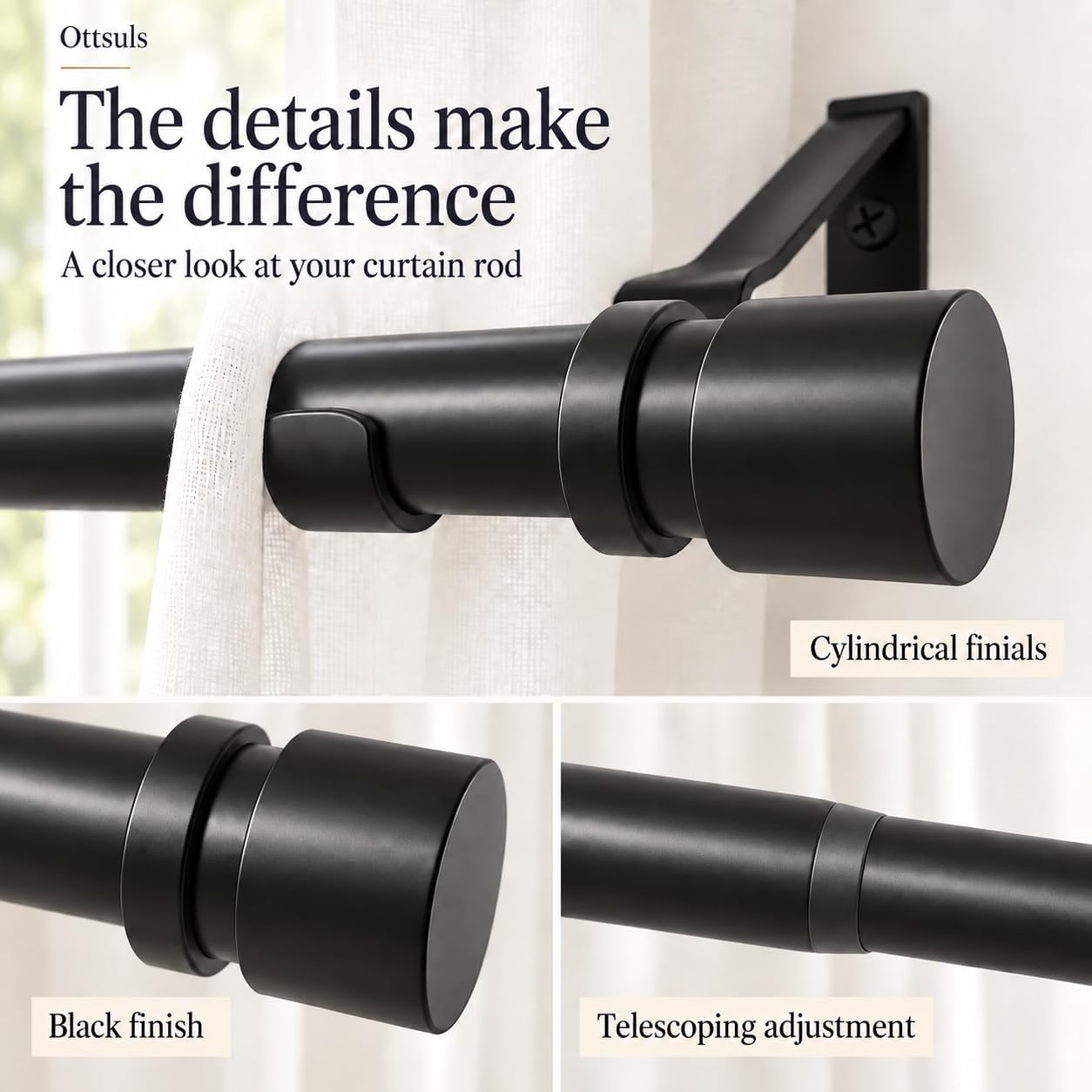 Ashenby Black Curtain Rod, Adjustable 32-46 in, Extends to 58, 1.9 pounds