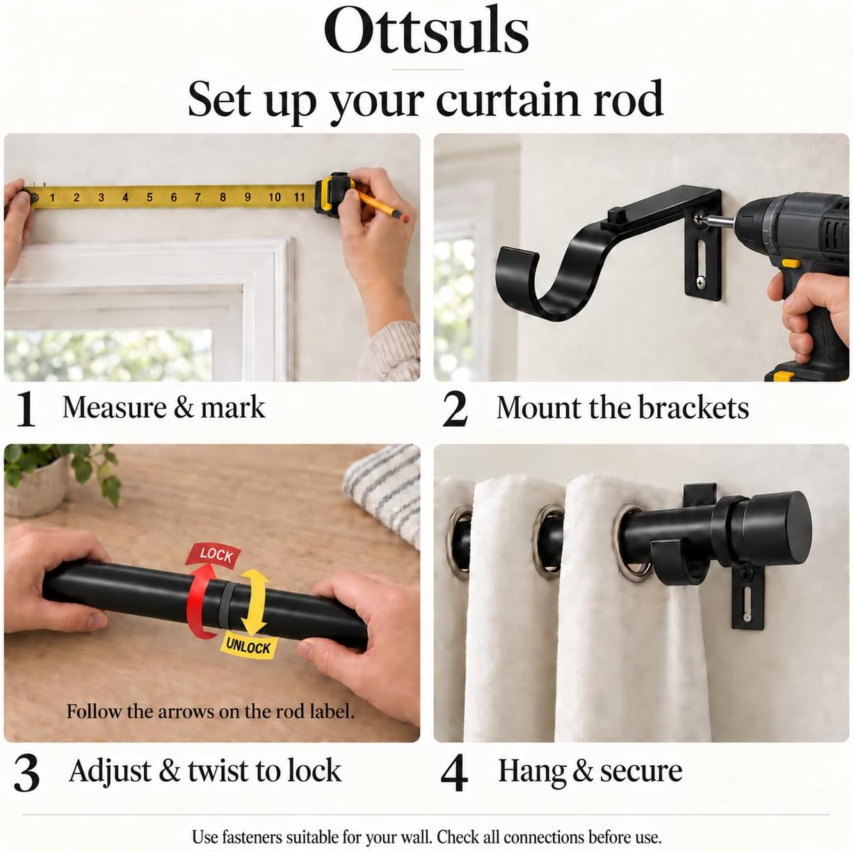Ashenby Black Curtain Rod, Adjustable 32-46 in, Extends to 58, 1.9 pounds