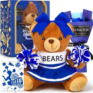 Aldernest 8 Inch Cheerleader Bear Plush with Pom Poms and Bow, Blue, 8.66 inches