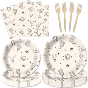 Tanglewick 100 Pcs Cowboy Party Decorations Western Cowboy Birthday Paper Plates Napkins Disposable First Rodeo Bachelorette Tableware Set for 25