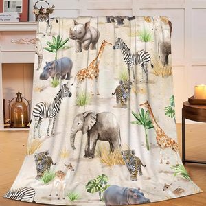 Tanglewick Zoo Animals Blanket African Safari Animal Print Jungle Decor Throw Blanket Elephant Tiger Giraffe Zebra Gifts for Girls Boys Warm Soft