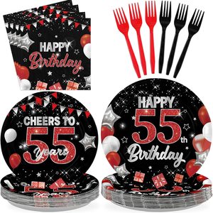 Ashenby 96Pcs Black and Red 55th Birthday Decorations, Serves 24, Black, Red