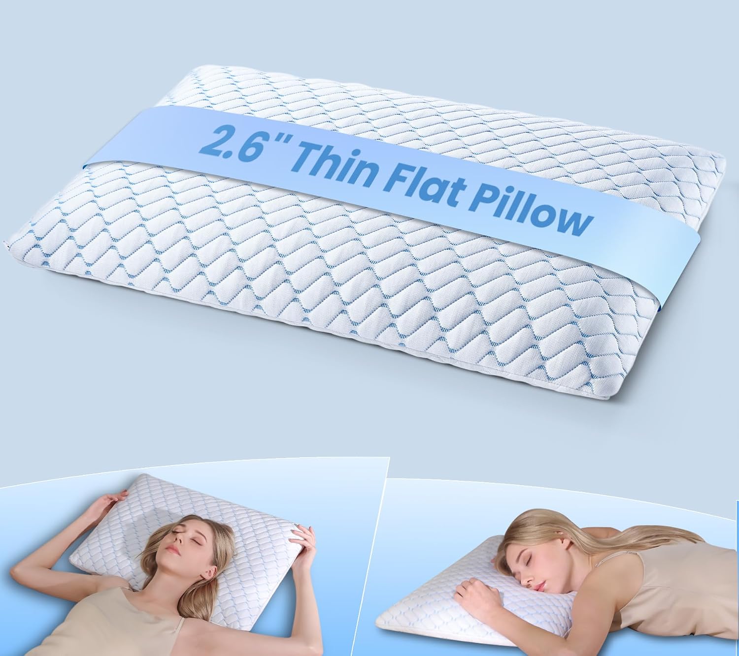 Ashenby 2.6" Ultra Thin Memory Foam Pillow with Cool-to-Touch Cover, 0.84 kg, Blue+white