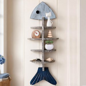 NestlyCo Wooden Fish Nautical Wall Shelf, Coastal Wall Decor for Bathroom, 2.4 pounds, 17.7 inches x 6.3 inches x 2.8 inches, Blue