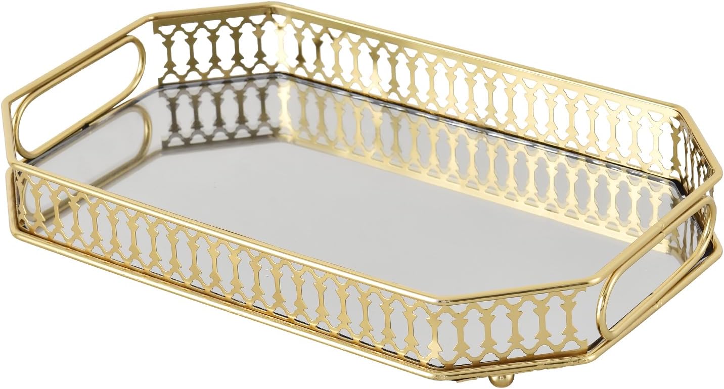 Aldernest Vintage Gold Mirrored Vanity Mirror Tray Decorative Perfume and Makeup Organizer with Handles for Dresser,Bathroom or Jewelry Display