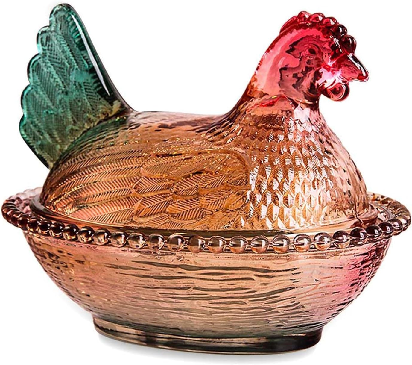 Aldernest Vintage Glass Hen on Nest Dish with Lid - Large Pedestal Rooster Glass Candy Bowl, Colorful Crystal Candy Jar for Snacks, Dessert, Cookies