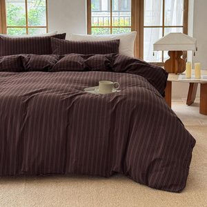 Aldernest Striped Duvet Cover Set 100% Washed Cotton Linen Like Soft Feelling Breathable Bedding, 2 pounds, Queen, Strip-pine Bark Brown/Black