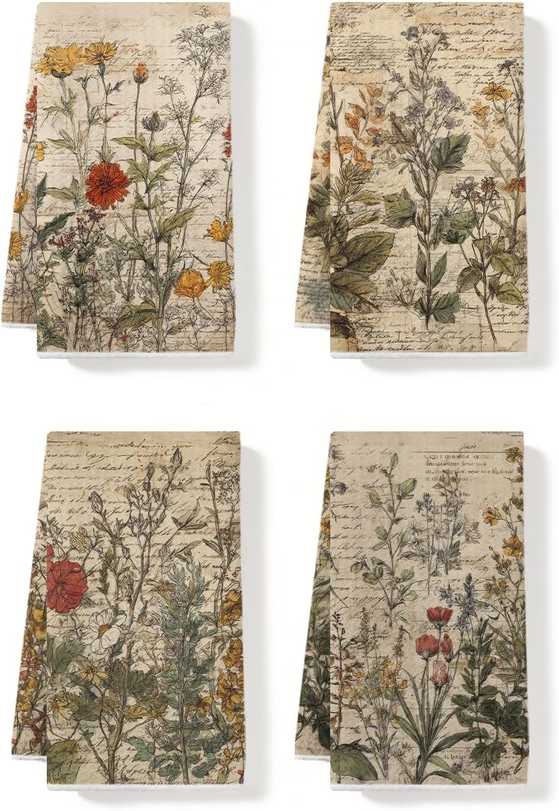 Birchmont 4 Pcs Vintage Floral Kitchen Towels Waffle Soft Dish Cloth Tea Towel, 3.36 ounces, 14 x 24 inches