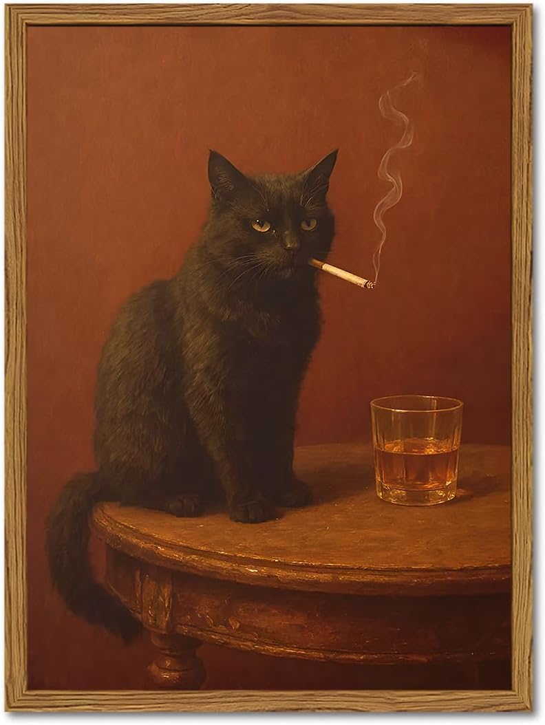 Aldernest Framed Funny Black Cat Wall Art, Vintage Moody Cat Pictures Wall Decor, 12.8 ounces, 16"L x 12"W