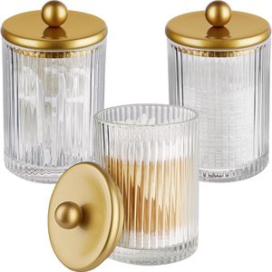 Aldernest 3 Pack Glass Qtip Holder Dispenser Set with Matte Gold Metal Lid, 2.38 pounds, Clear