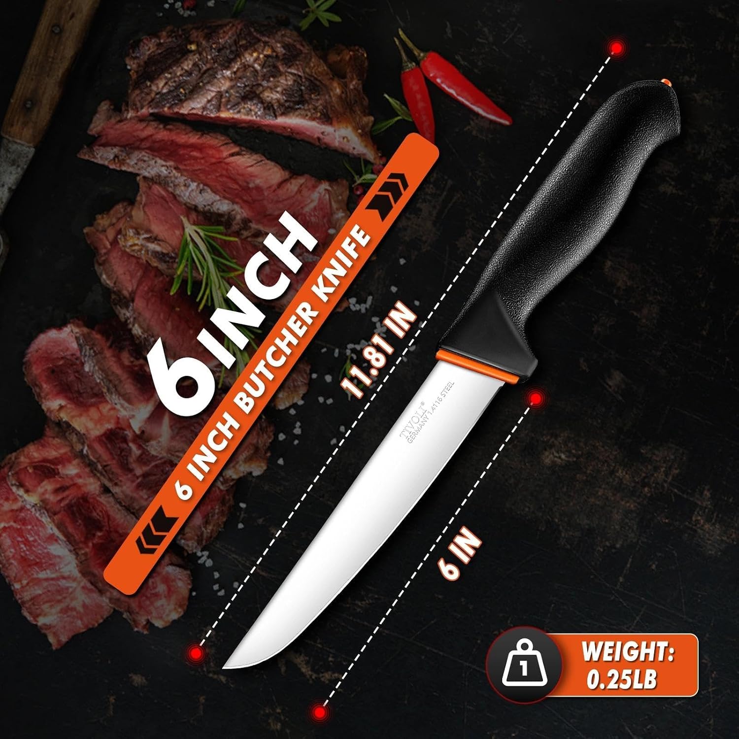 Birchmont 6 Inch Straight Boning Knife - Butcher Knife with Non-Slip Softgrip