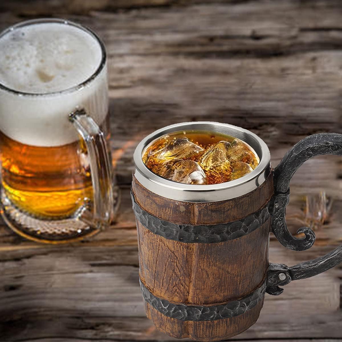 Aldernest Wooden Barrel Beer Mug Handmade Wood Bucket Heavy Mug with Handle, 1.1 pounds, 18 Ounces, Brown