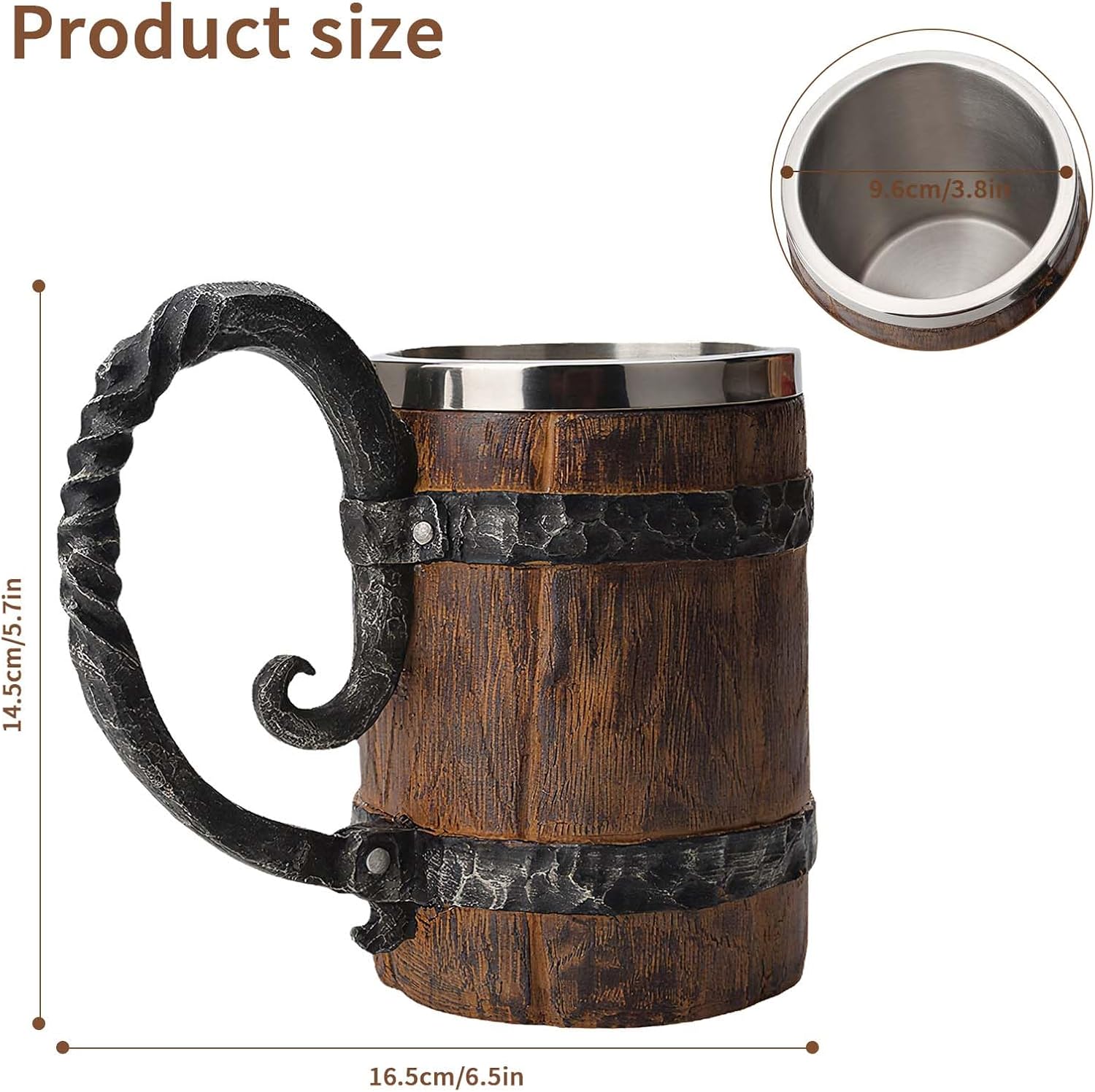 Aldernest Wooden Barrel Beer Mug Handmade Wood Bucket Heavy Mug with Handle, 1.1 pounds, 18 Ounces, Brown