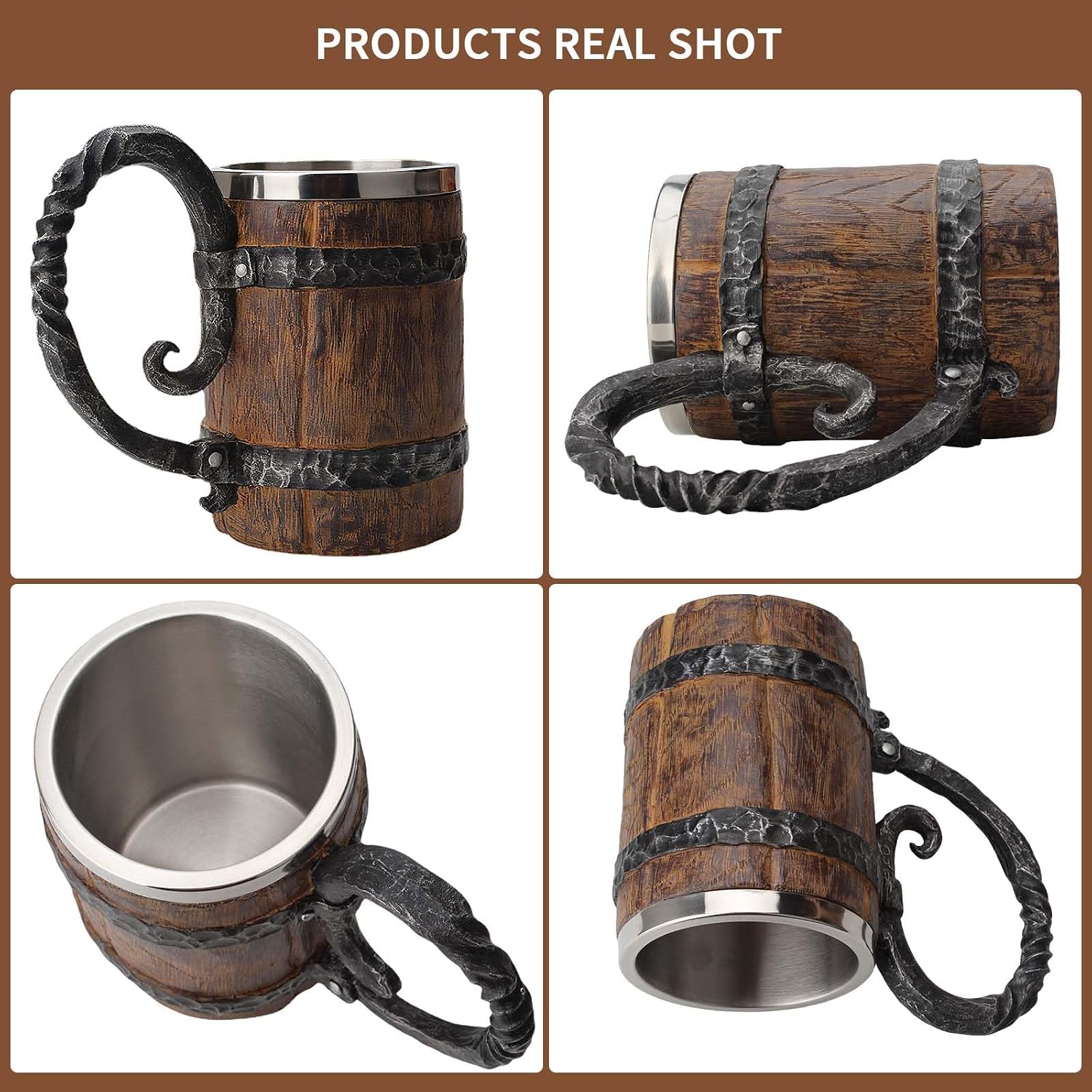 Aldernest Wooden Barrel Beer Mug Handmade Wood Bucket Heavy Mug with Handle, 1.1 pounds, 18 Ounces, Brown