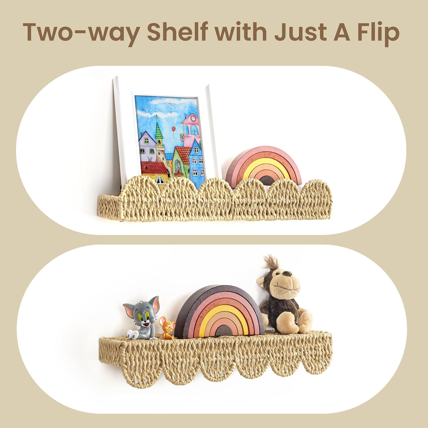 Aldernest Scalloped Nursery Bookshelf, Set of 2, Picture Ledge Shelf for Wall Decor, 580 g, Beige