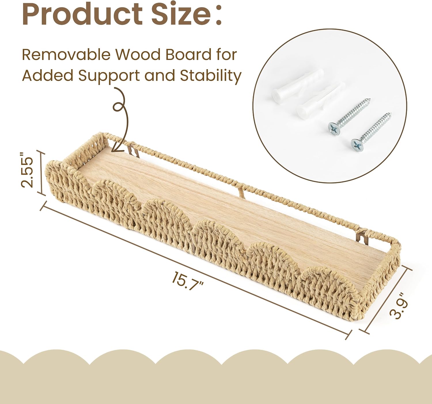 Aldernest Scalloped Nursery Bookshelf, Set of 2, Picture Ledge Shelf for Wall Decor, 580 g, Beige