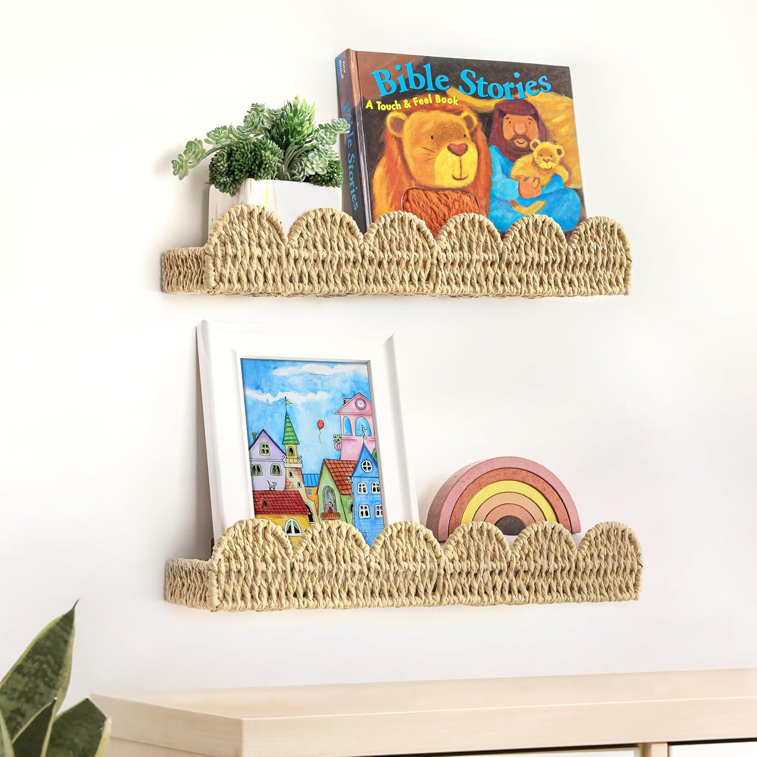 Aldernest Scalloped Nursery Bookshelf, Set of 2, Picture Ledge Shelf for Wall Decor, 580 g, Beige