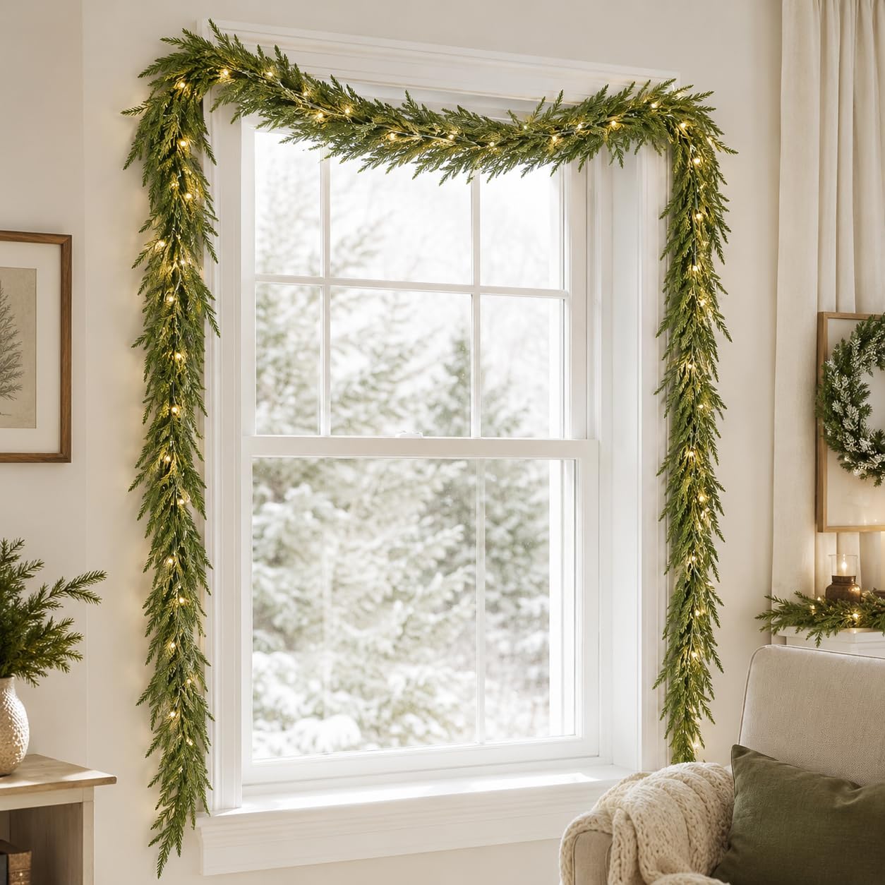 Aldernest 9Ft Christmas Norfolk Pine Garland+20 LED Lights Battery Powered for Mantle, 10.4 ounces