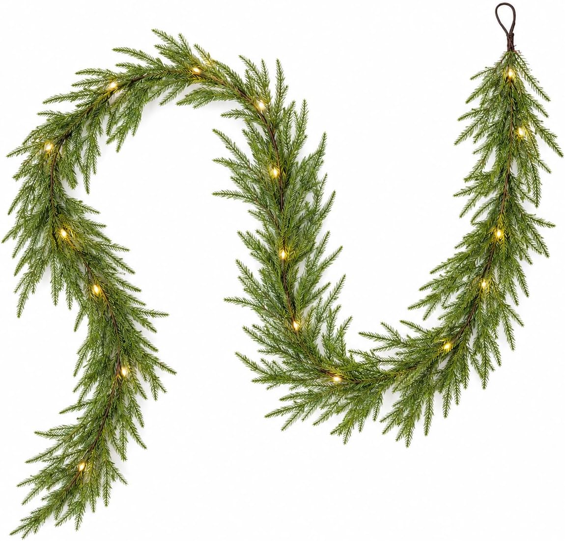 Aldernest 9Ft Christmas Norfolk Pine Garland+20 LED Lights Battery Powered for Mantle, 10.4 ounces