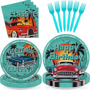 Ashenby 96Pcs Classic Car Birthday Vintage Party Decorations, Serves 24, 16 ounces, Red, Blue, Green