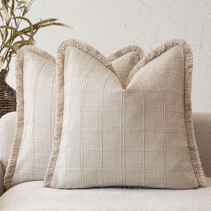VelloHome Set of 2 Decorative Linen Check Fringe Throw Pillow Covers Farmhouse Vintage Cushion Covers Modern Boho Home Decor for Sofa Chair Couch