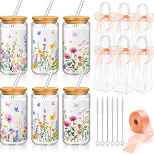 Ashenby 6 Sets Wildflower Cute Glass Cups with Lids and Straws Bulk, 16 Oz, 3.7 pounds, about 5.88 X 3.08 inches/16 oz