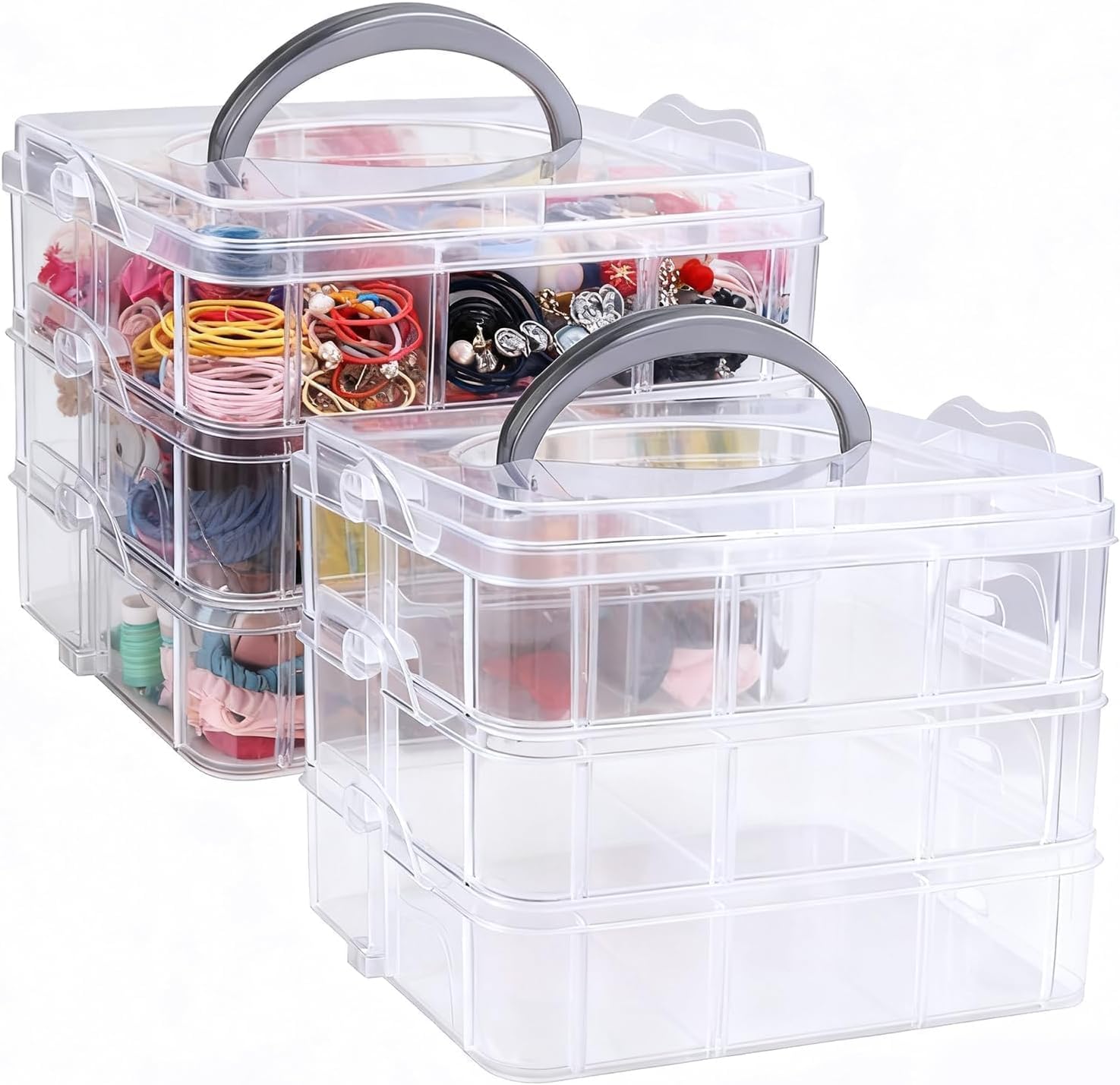 Ashenby 2pack 3-Tier Stackable Bead Storage Container Box 18 Compartments Organizer, 0.43 kg, Clear