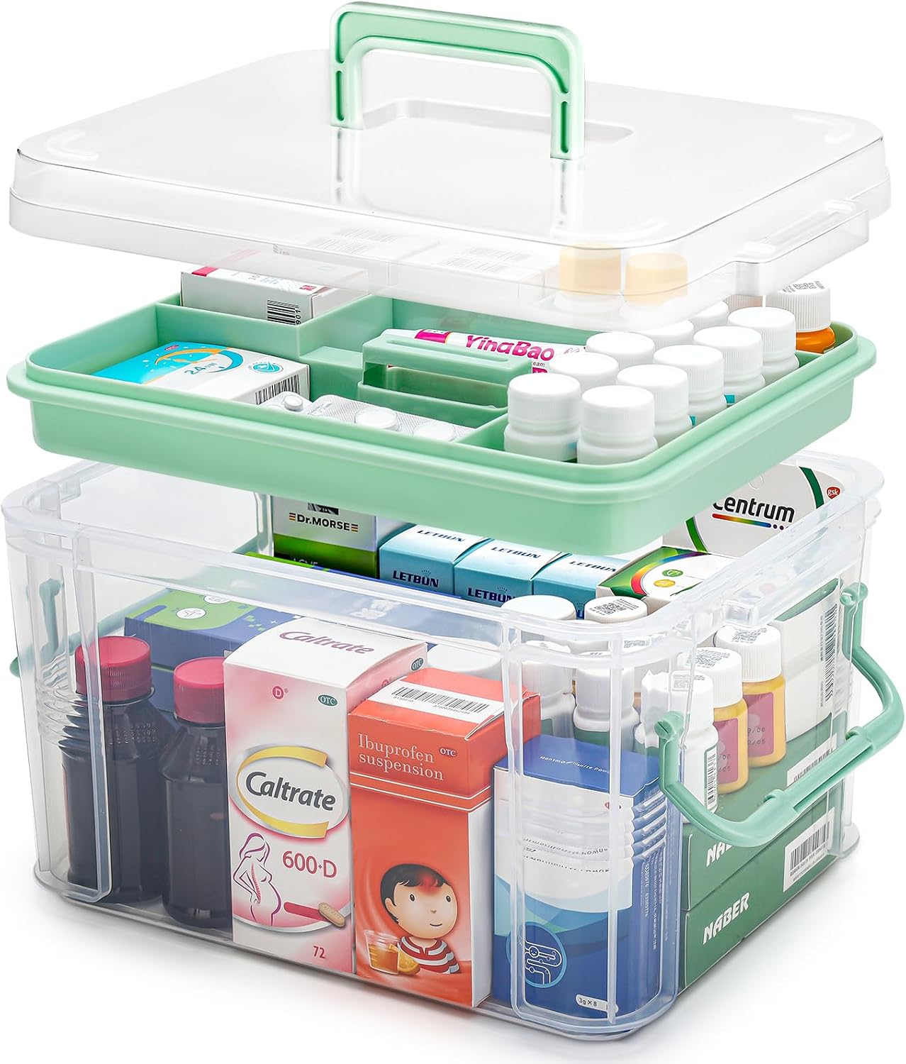 Aldernest 15QT Clear Medicine Organizer Storage Box with Handle & Tray - Thickened Plastic Empty First Aid Box