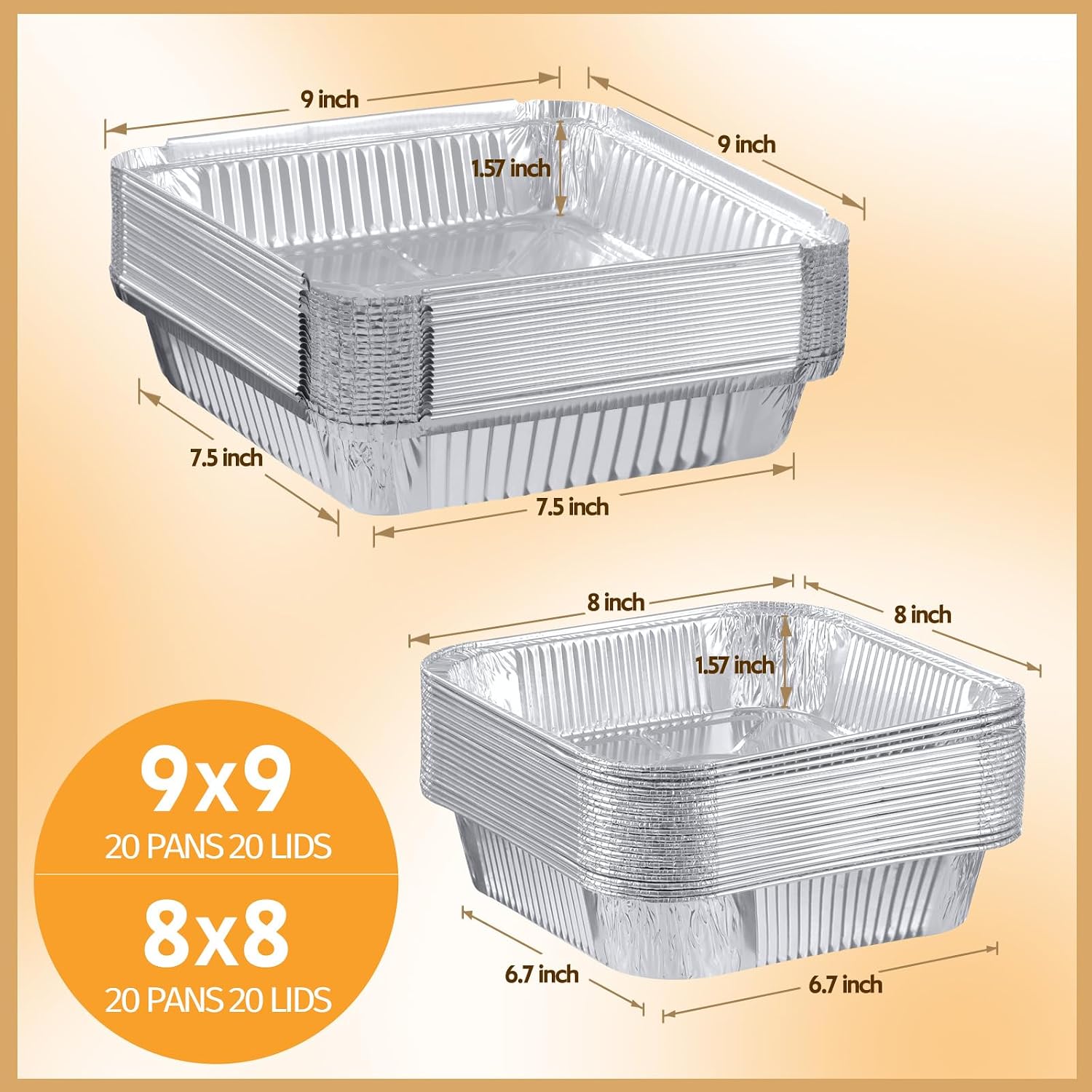 Barleyfield 40 Pack Disposable Aluminum Pans with Lids, 9x9 & 8x8 Inch, 1.27 kg, Silver