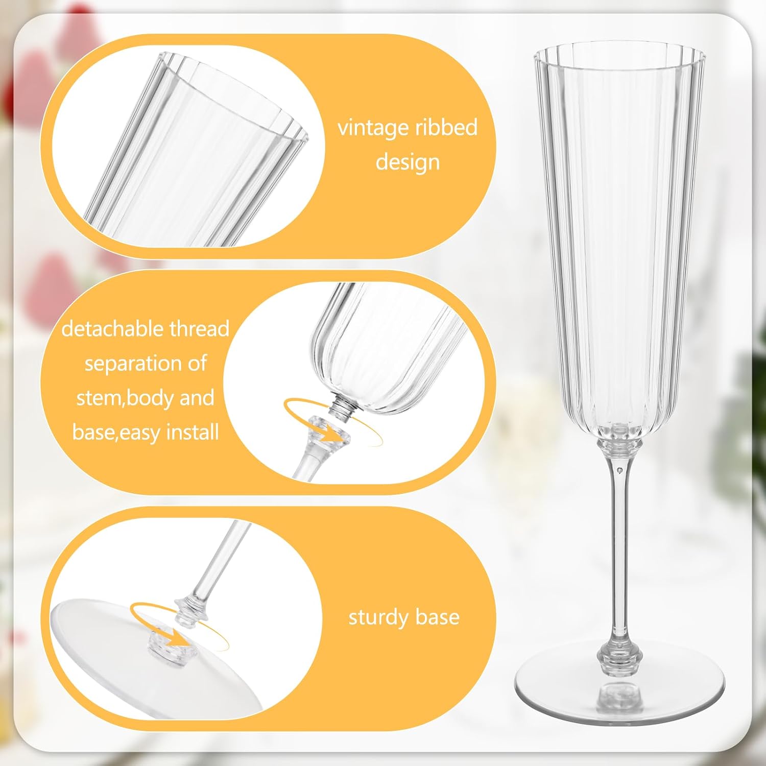 Aldernest 48 Pcs 6.4 oz Plastic Ribbed Champagne Flutes, Clear, 4.4 pounds