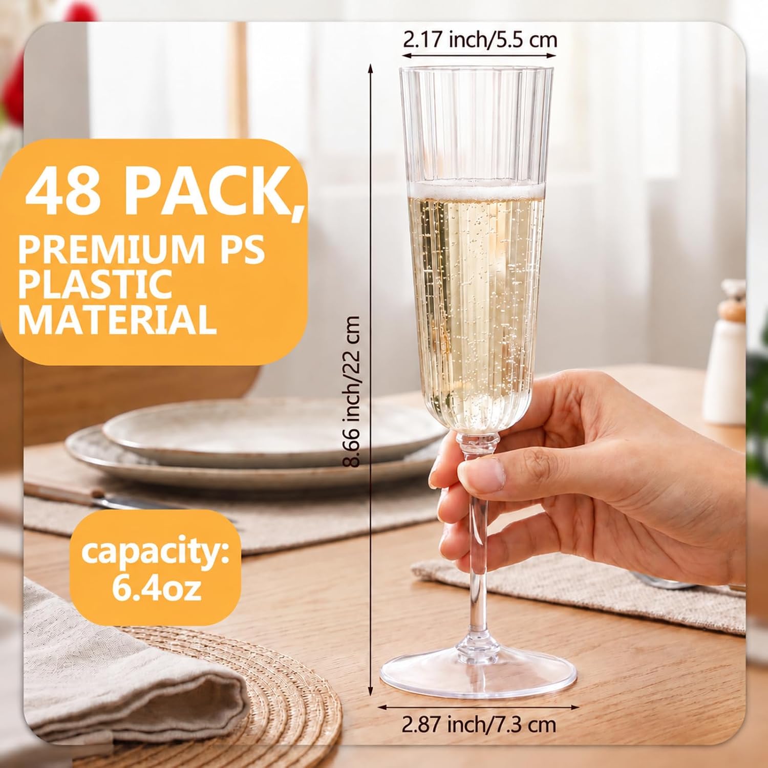 Aldernest 48 Pcs 6.4 oz Plastic Ribbed Champagne Flutes, Clear, 4.4 pounds