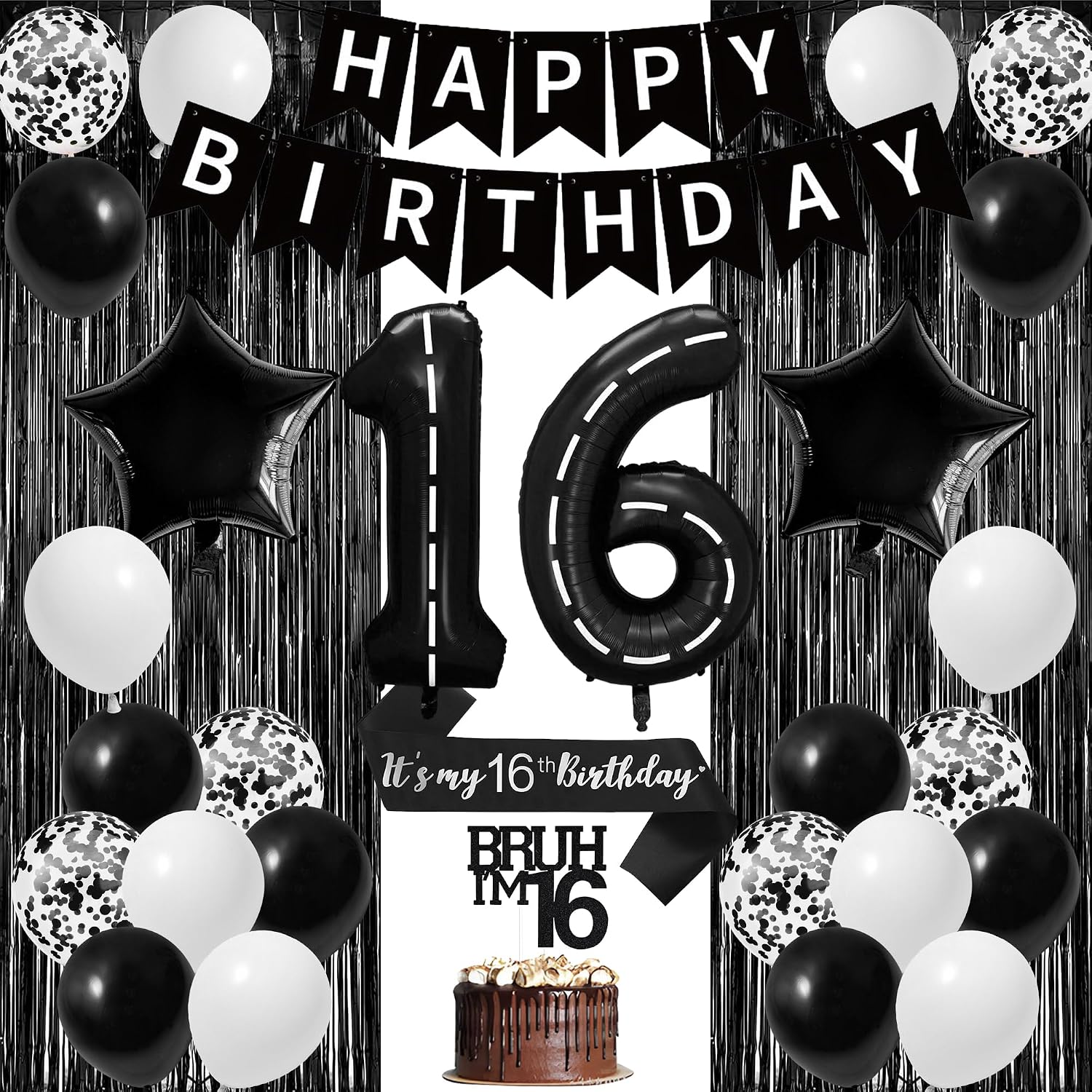 Aldernest Black and White 16th Birthday Decorations for Boys, Sweet 16th Set, Black White, 220