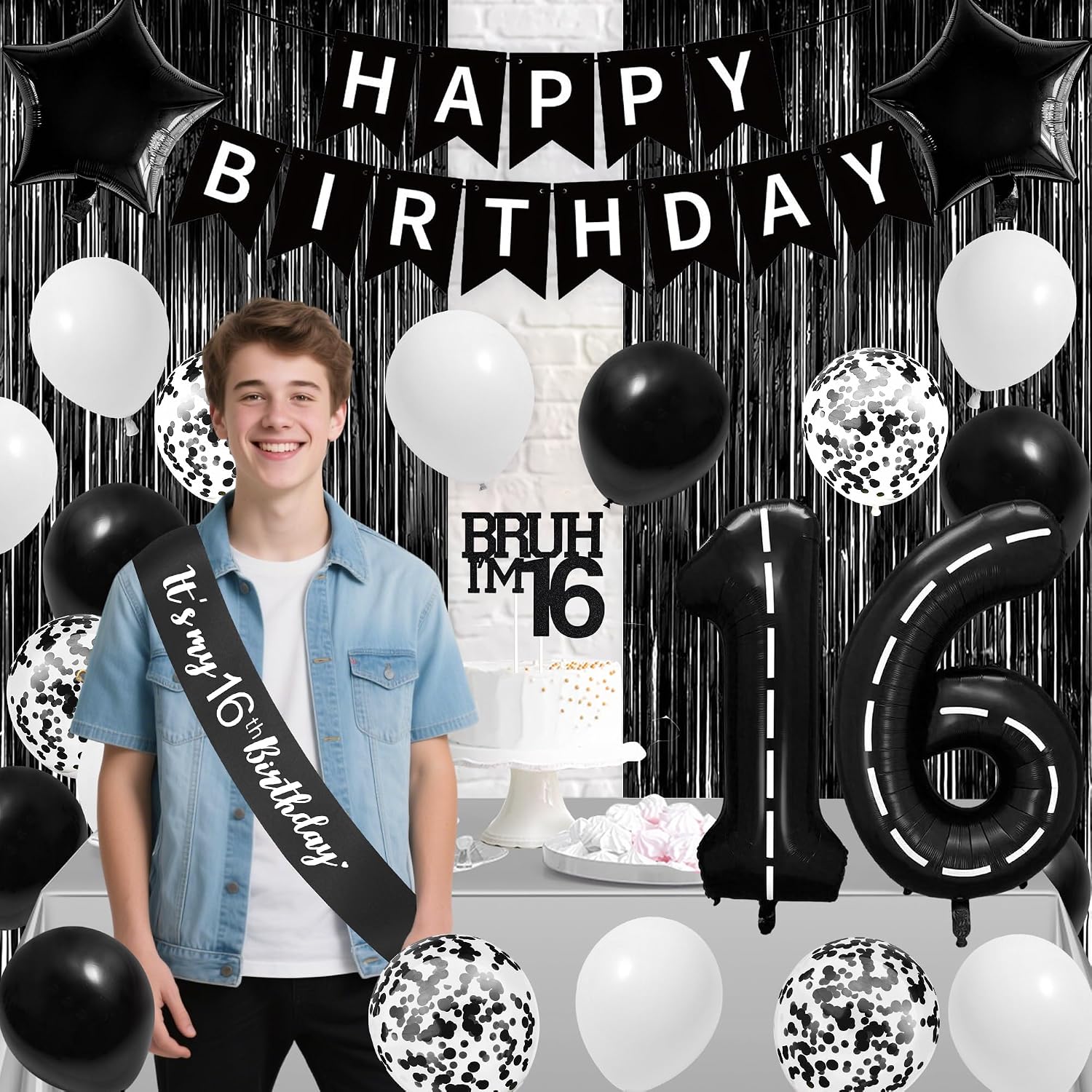 Aldernest Black and White 16th Birthday Decorations for Boys, Sweet 16th Set, Black White, 220
