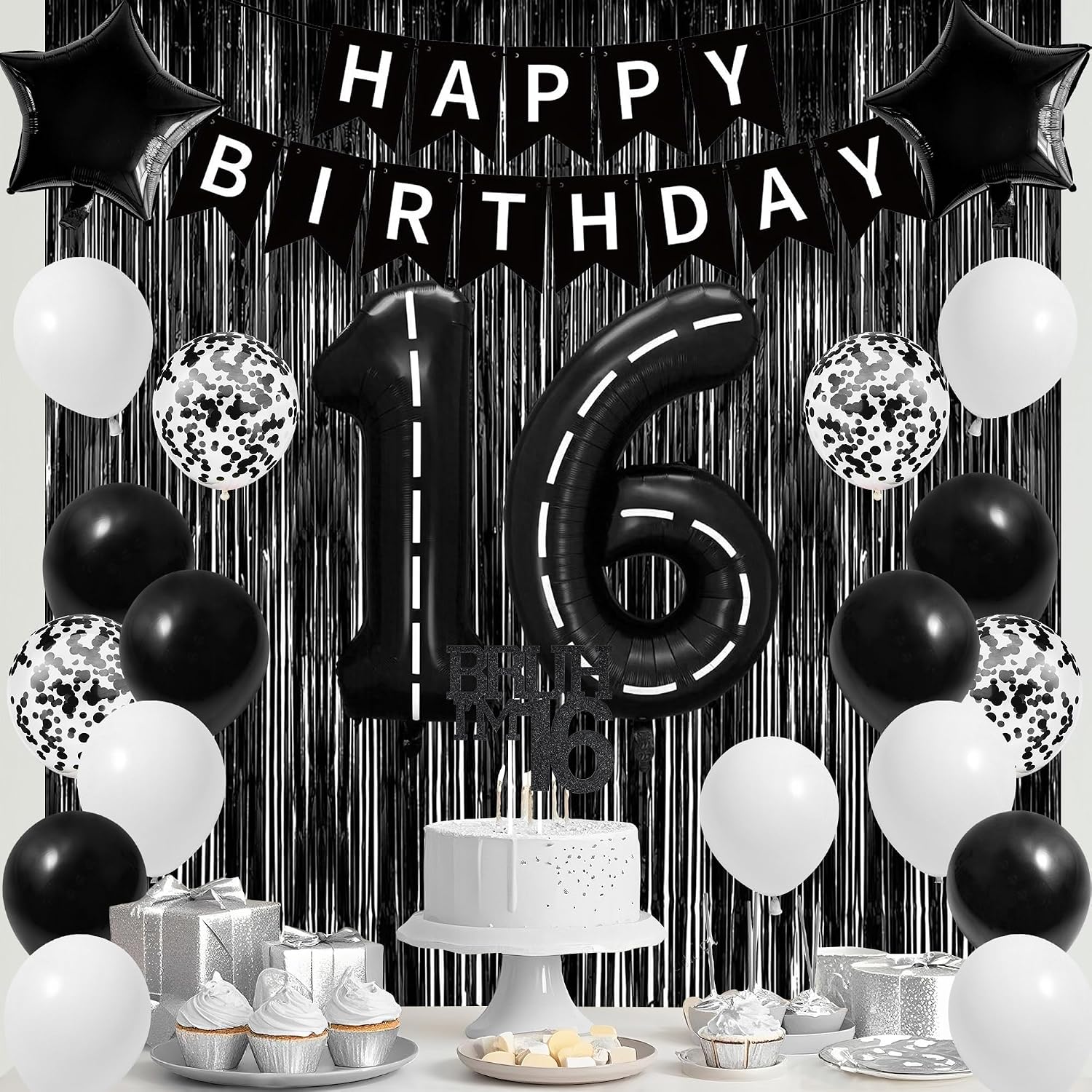 Aldernest Black and White 16th Birthday Decorations for Boys, Sweet 16th Set, Black White, 220