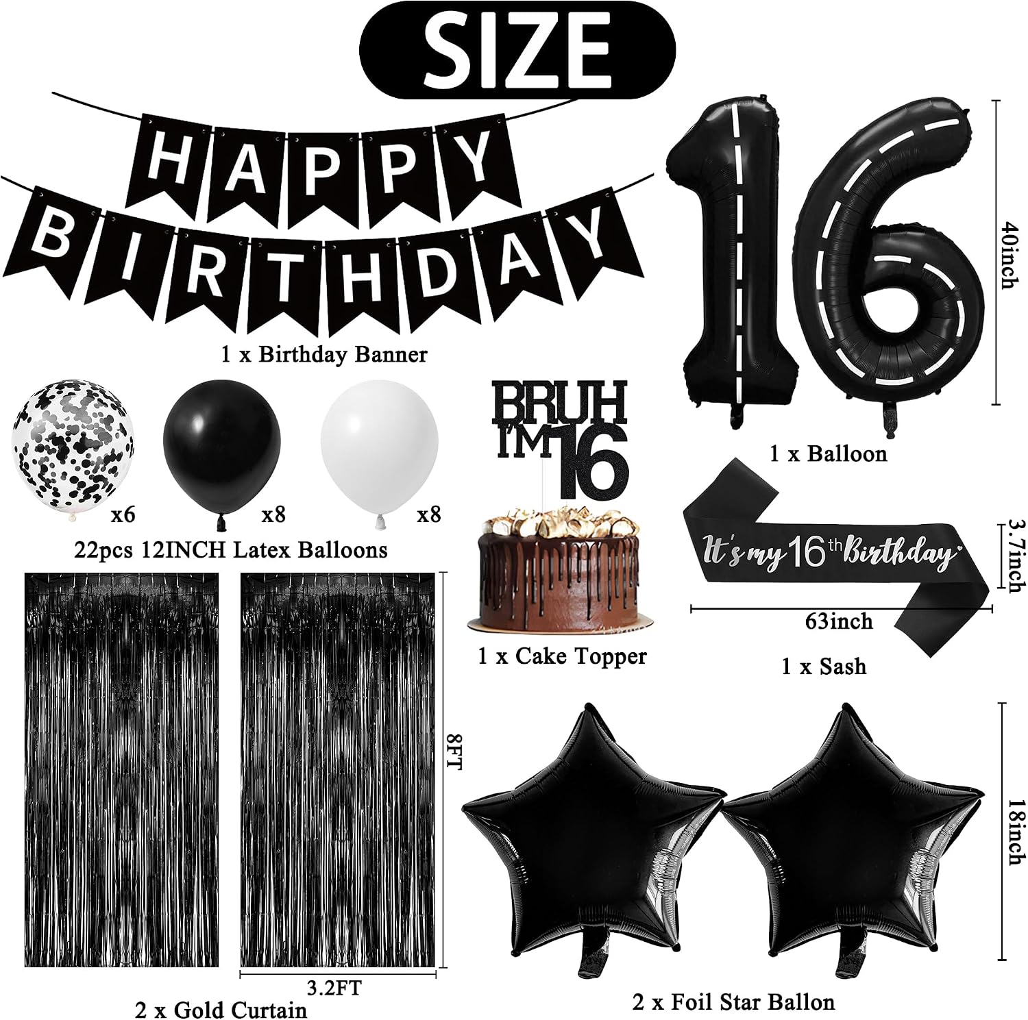 Aldernest Black and White 16th Birthday Decorations for Boys, Sweet 16th Set, Black White, 220