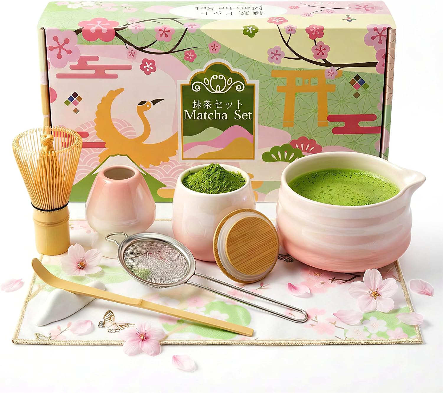 Aldernest Gifts for Women, Pink Matcha Set for Tea Lovers with Bowl and Caddy, 8 Count