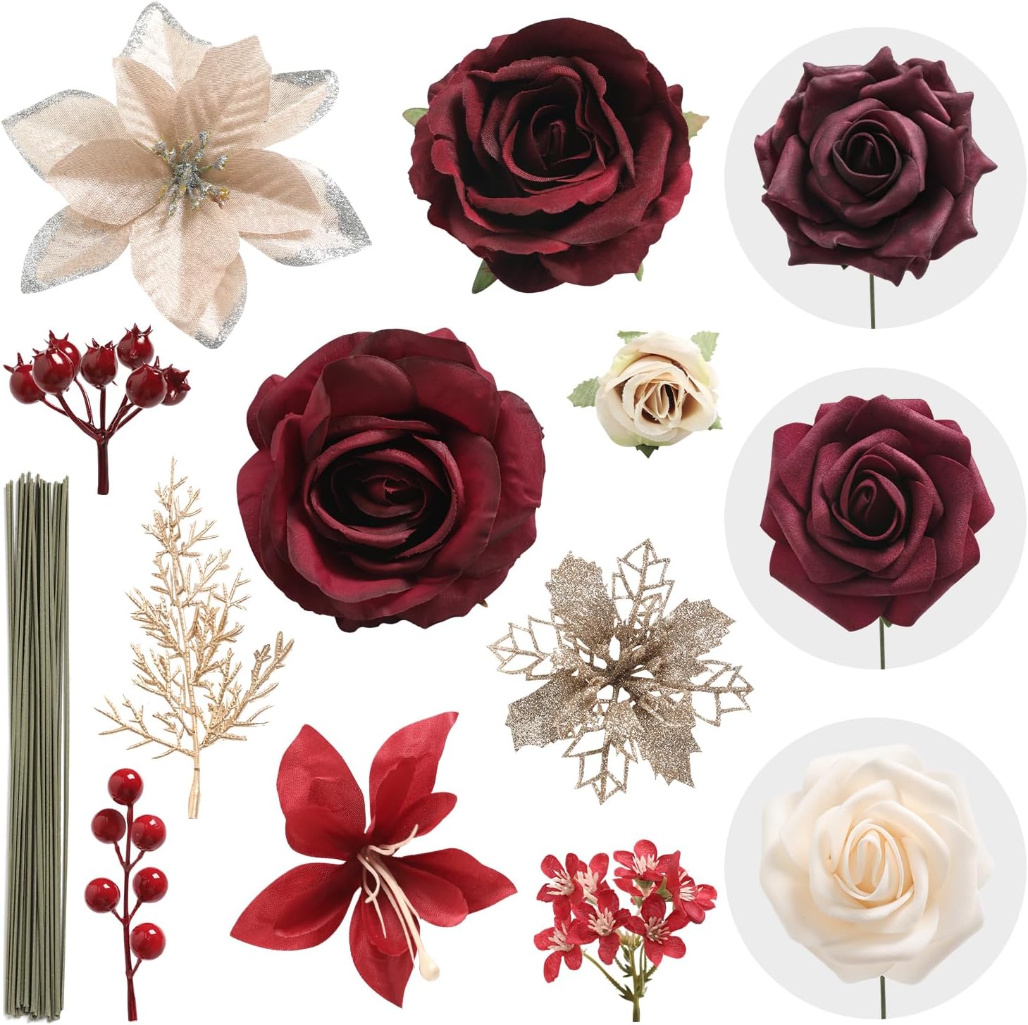 Aldernest Artificial Christmas Flowers Greenery Combo Box Set Faux Flowers Bulk Flower Leaf with Stems for DIY Tree Ornaments Xmas Wreath Floral