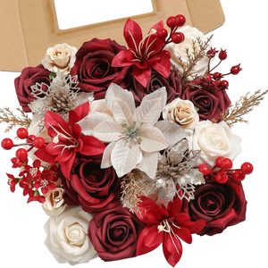 Aldernest Artificial Christmas Flowers Greenery Combo Box Set Faux Flowers Bulk Flower Leaf with Stems for DIY Tree Ornaments Xmas Wreath Floral