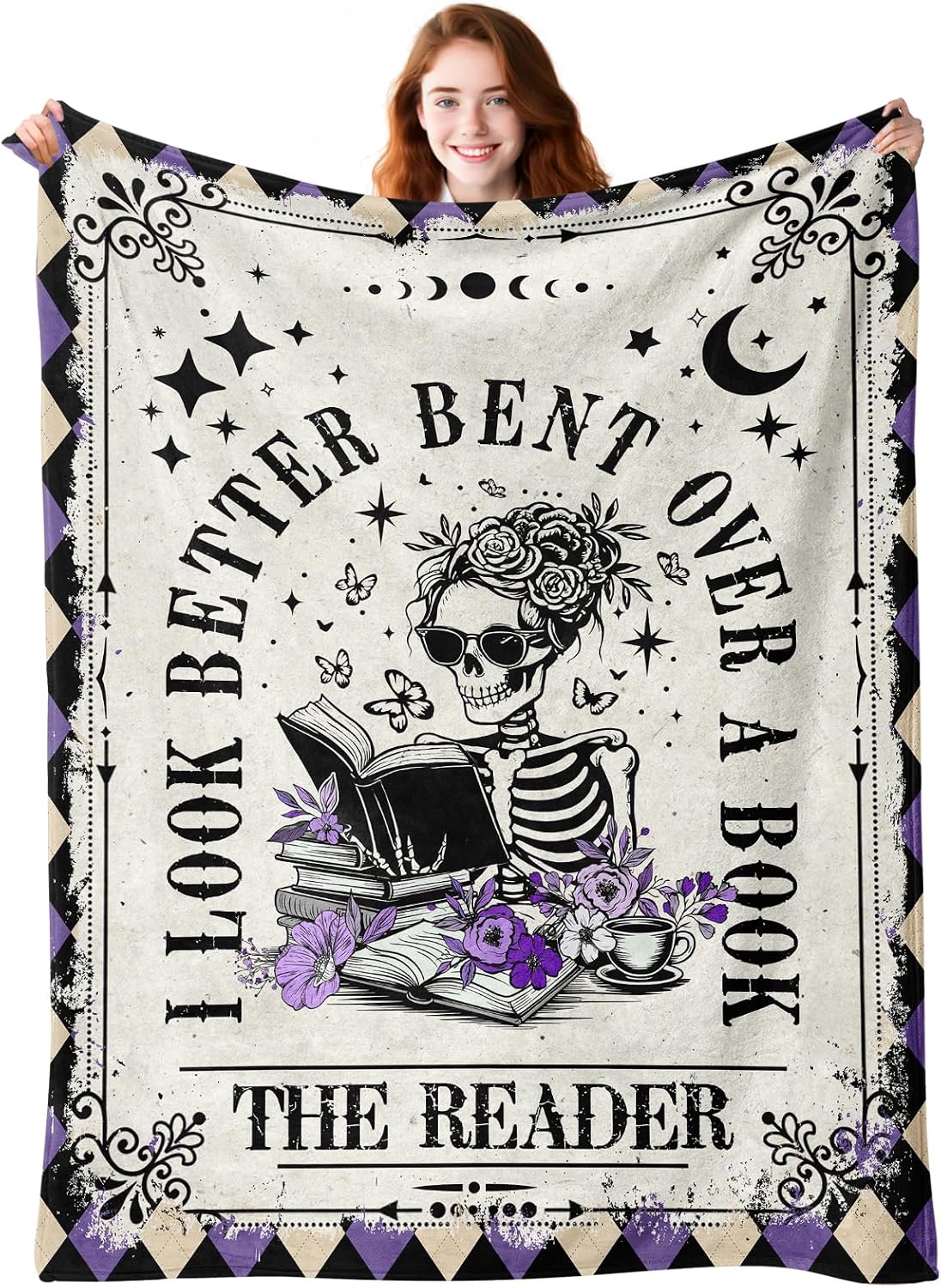 Rowanmere Book Lovers Gifts, Smutty Book Lover Gifts for Women, Reading Blanket 50x60, 1.4 pounds, Skeleton-purple