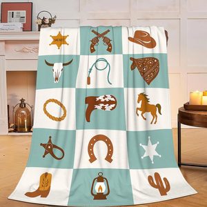 Barleyfield Western Cowboy Blanket Super Soft Warm Fluffy Fleece Flannel Blue Throw Blanket Cozy Fuzzy Plush Stuff Bedding Blankets Gifts for Women