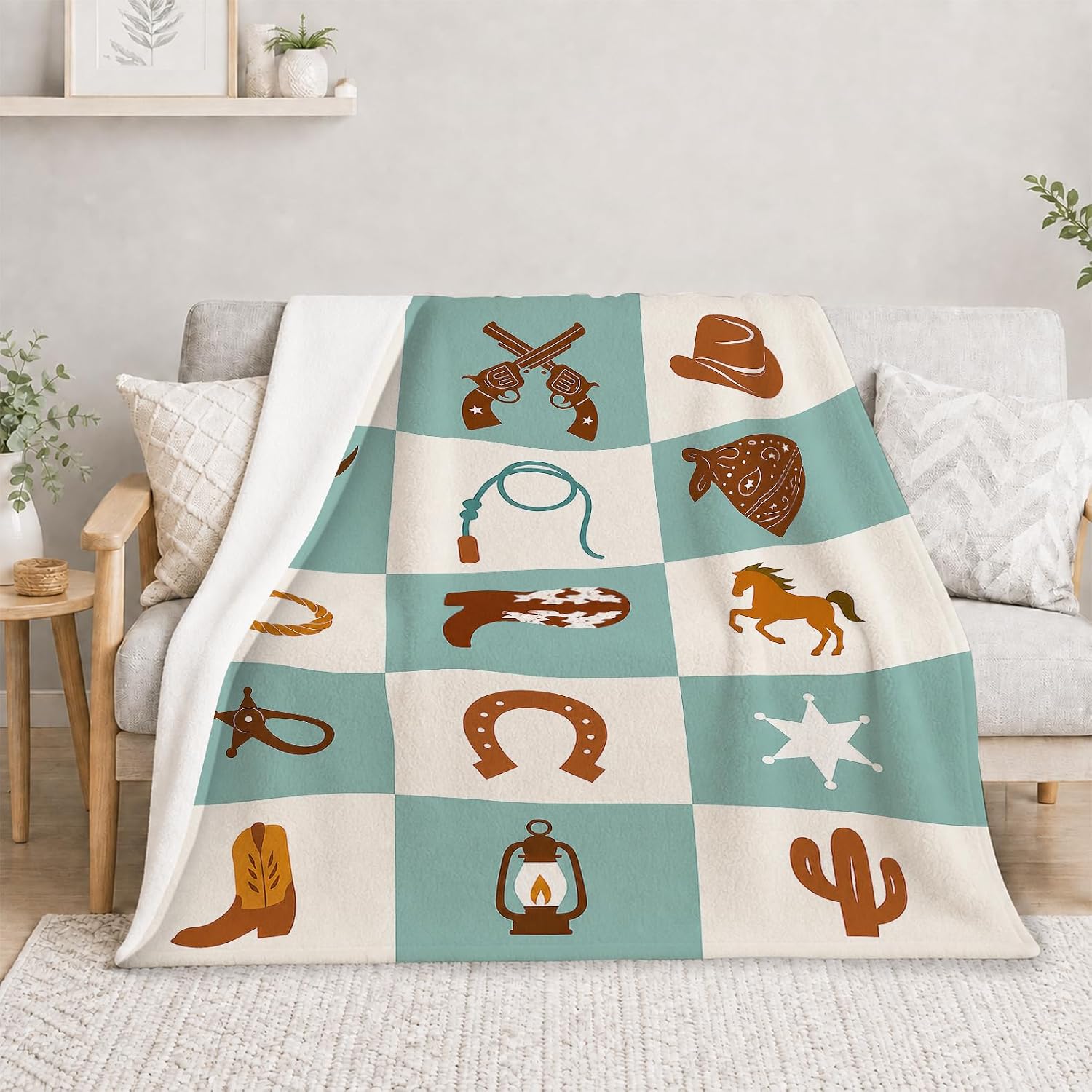 Barleyfield Western Cowboy Blanket Super Soft Warm Fluffy Fleece Flannel Blue Throw Blanket Cozy Fuzzy Plush Stuff Bedding Blankets Gifts for Women