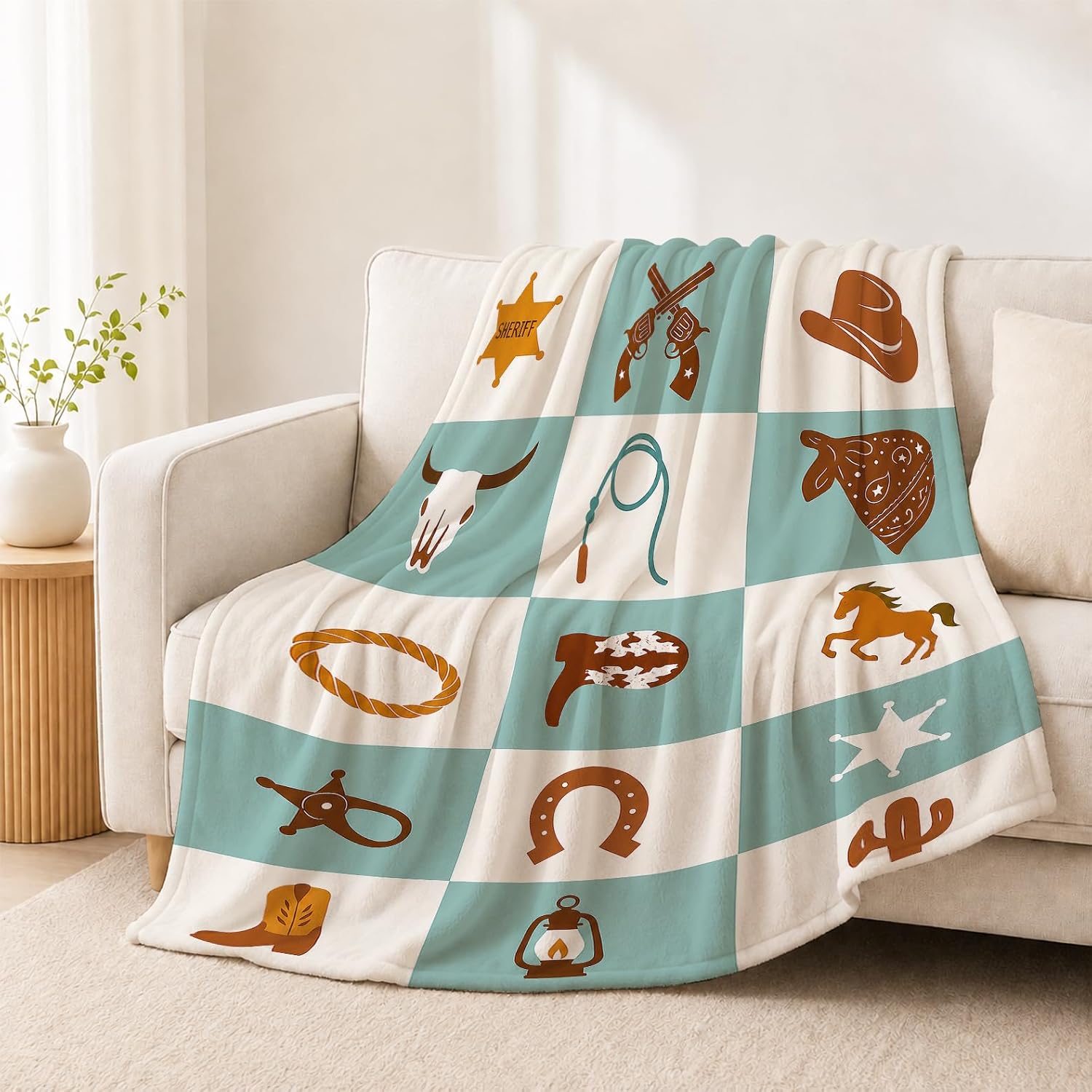 Barleyfield Western Cowboy Blanket Super Soft Warm Fluffy Fleece Flannel Blue Throw Blanket Cozy Fuzzy Plush Stuff Bedding Blankets Gifts for Women